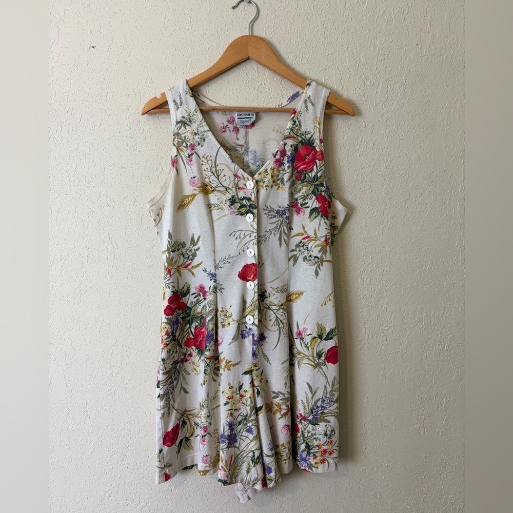 Vintage Floral Colorful Button Down Cotton Beach Fun 90s Tank Vneck Romper
